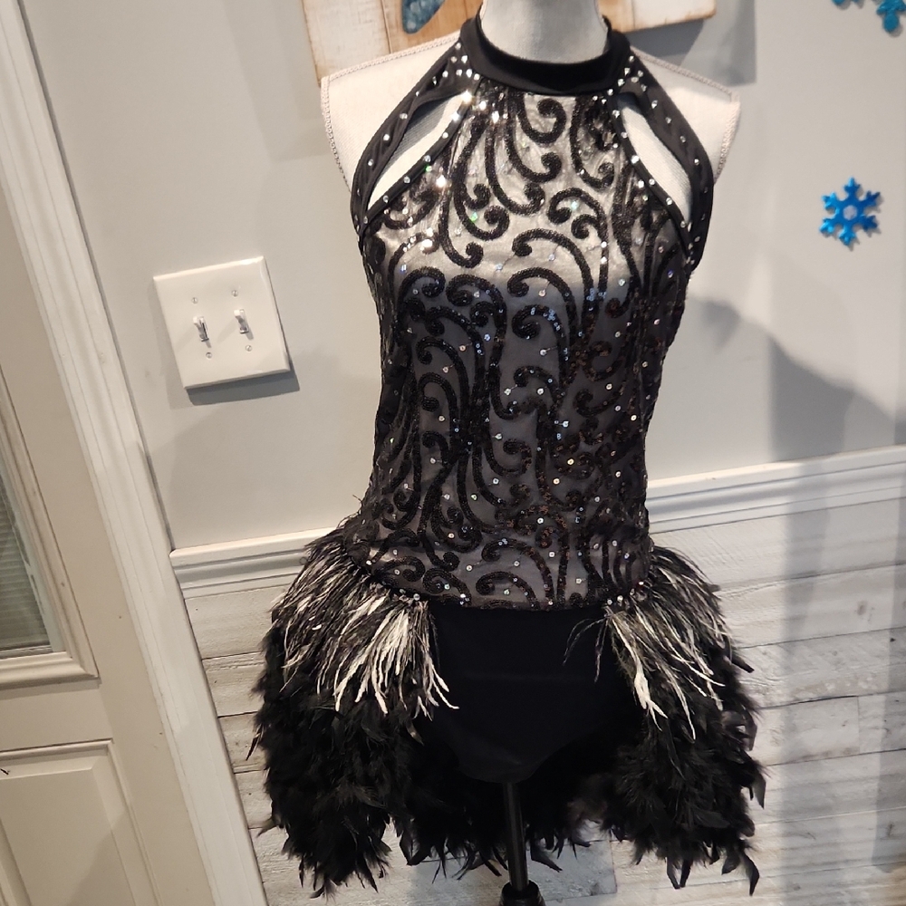 Weissman Black and Silver Sequin Feather Mini Halter Dress